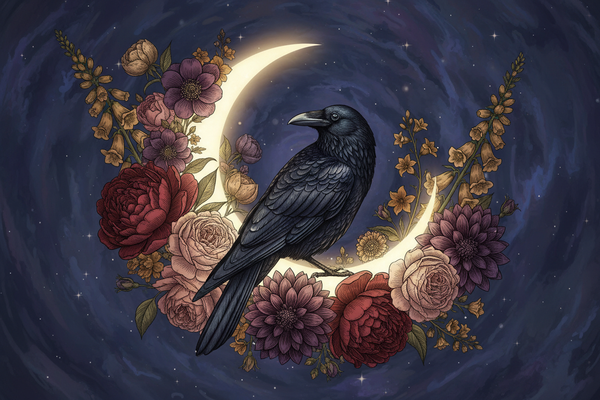i want a witchy vide with a crow sitting on a moon with old timey flowers